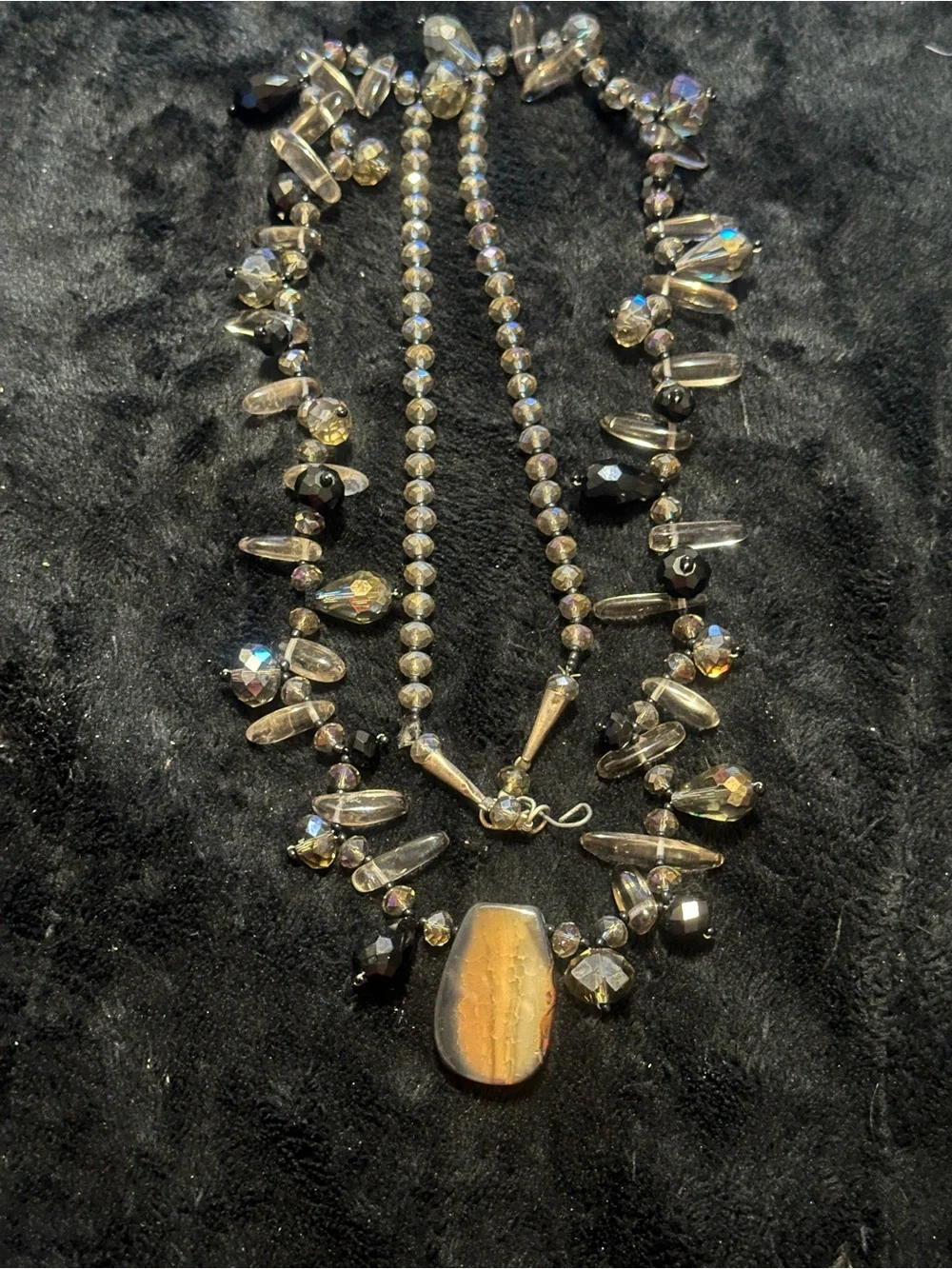 Beaded Agate Pendant Necklace in Smoky Brown and Gold